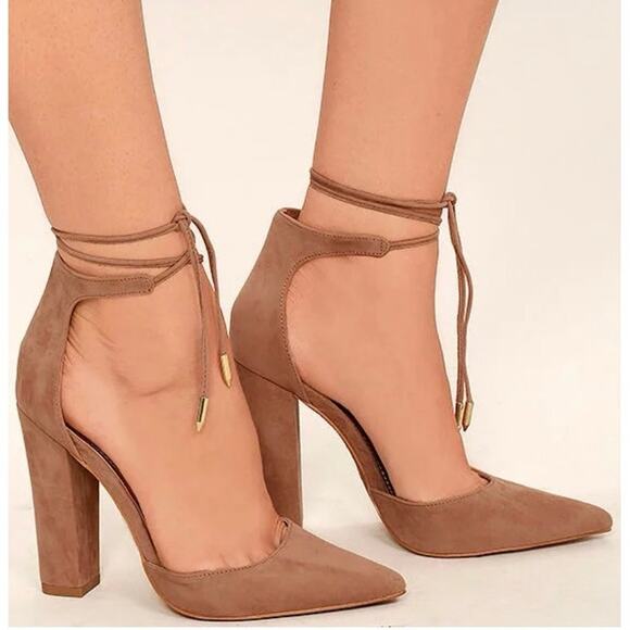 Lulus Women’s Size 8.5 Angela Taupe Suede Lace-Up Heels Ankle Wrap Pointed Toe - Picture 1 of 16